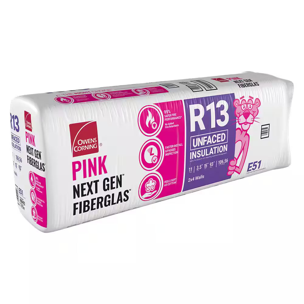 A package of Owens Corning R13 15 in. x 93 in. Unfaced Fiberglass Insulation Batt 107 SQ FT for 2x4 walls, with product info, safety icons, and the Pink Panther mascot on a white and pink background.